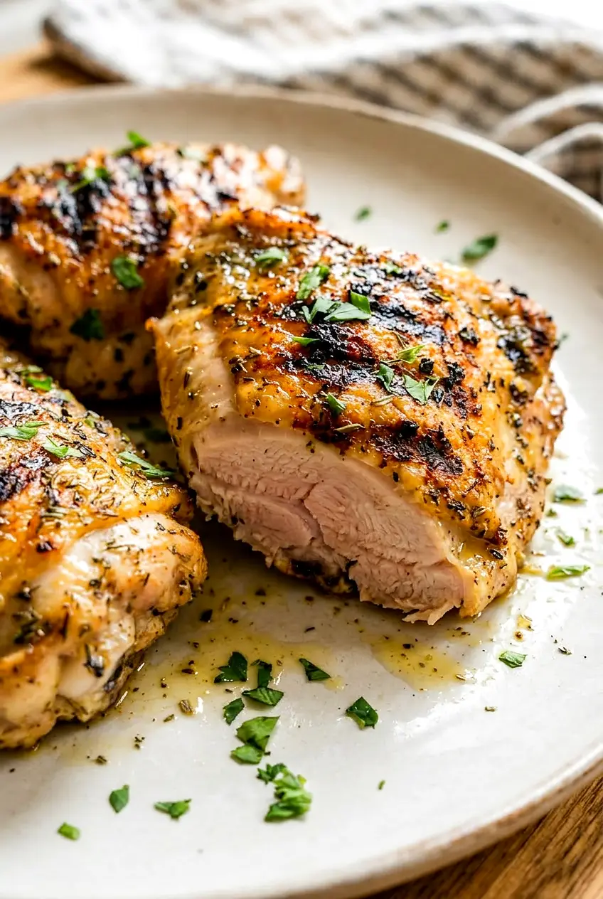 Close-up of Greek chicken with browned edges and juicy herb-coated surface