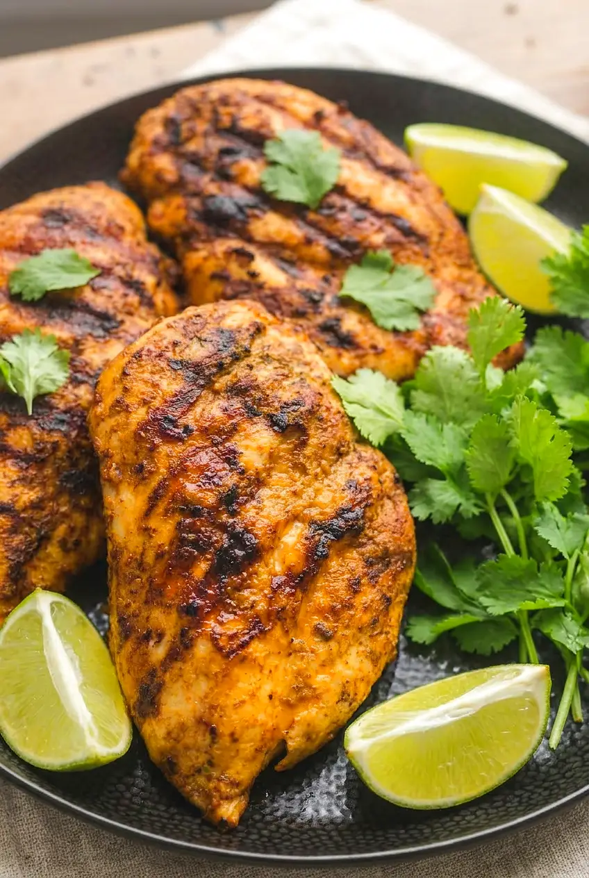Close view of grilled Mexican chicken showing browned edges and lime and cilantro garnish