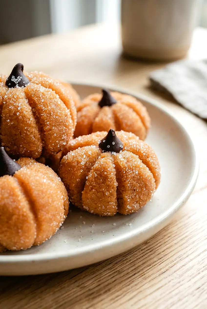 Close-up of pumpkin cheesecake truffles showing the sugar coating and ridged pumpkin shape