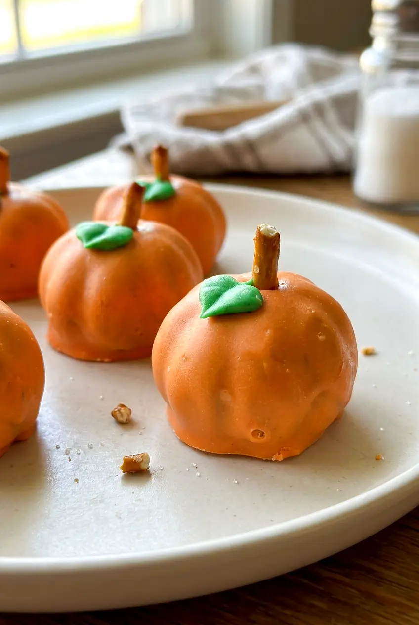 Close-up of a pumpkin Oreo ball showing the smooth orange shell and cookies-and-cream center