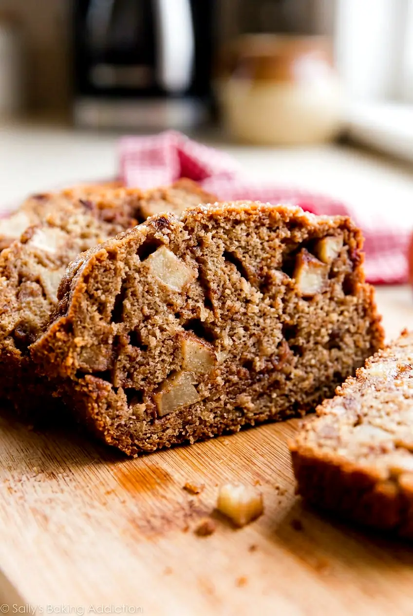 Close-up of cinnamon apple bread slices showing the soft crumb and apple pieces