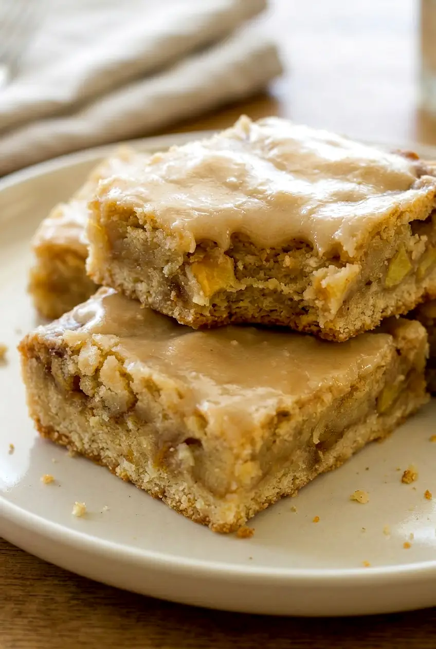Close-up of maple glazed apple blondies showing the chewy crumb and diced apple pieces