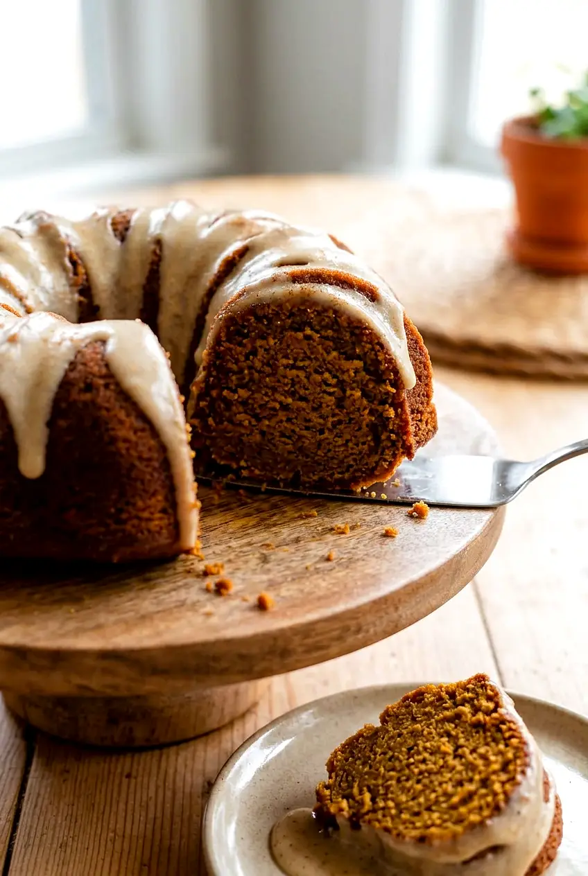 Close view of pumpkin Bundt cake showing the moist crumb beneath the maple icing
