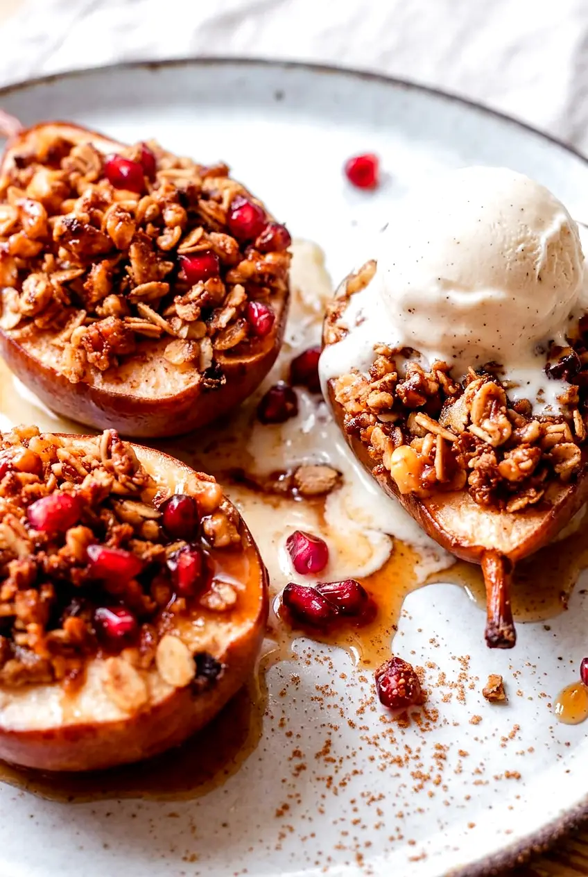 Close view of baked pear halves with golden walnut oat crumble, melty ice cream, and pomegranate arils