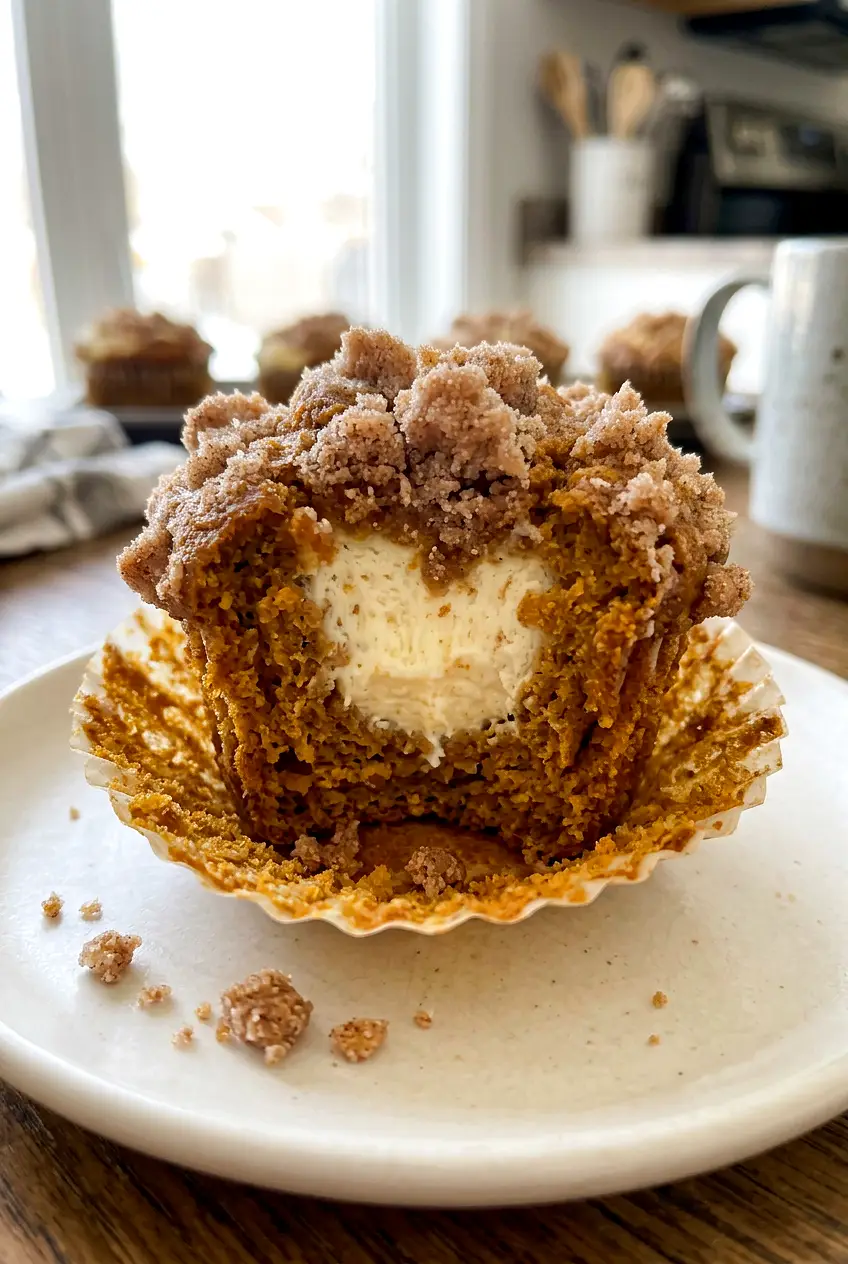 Close view of a pumpkin cream cheese muffin showing the creamy center and crumb topping