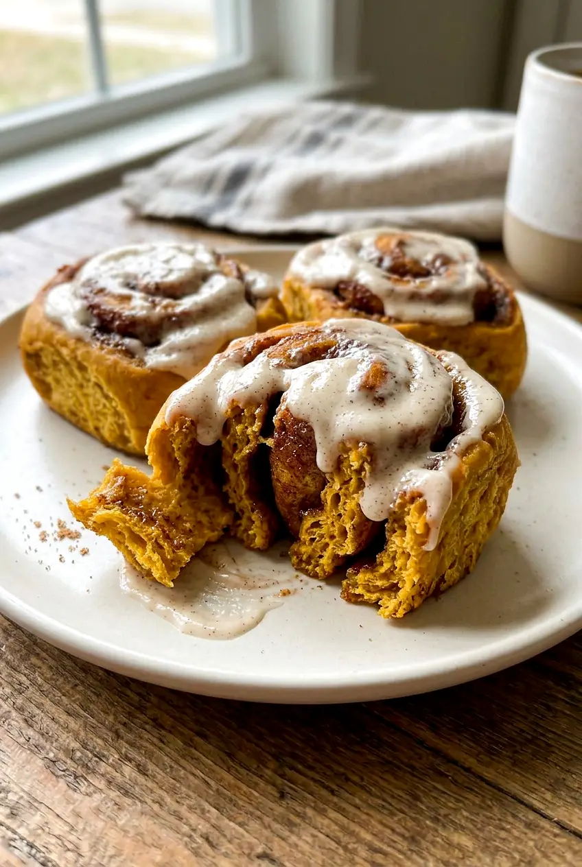 Close-up of pumpkin cinnamon rolls with thick maple icing and swirled filling