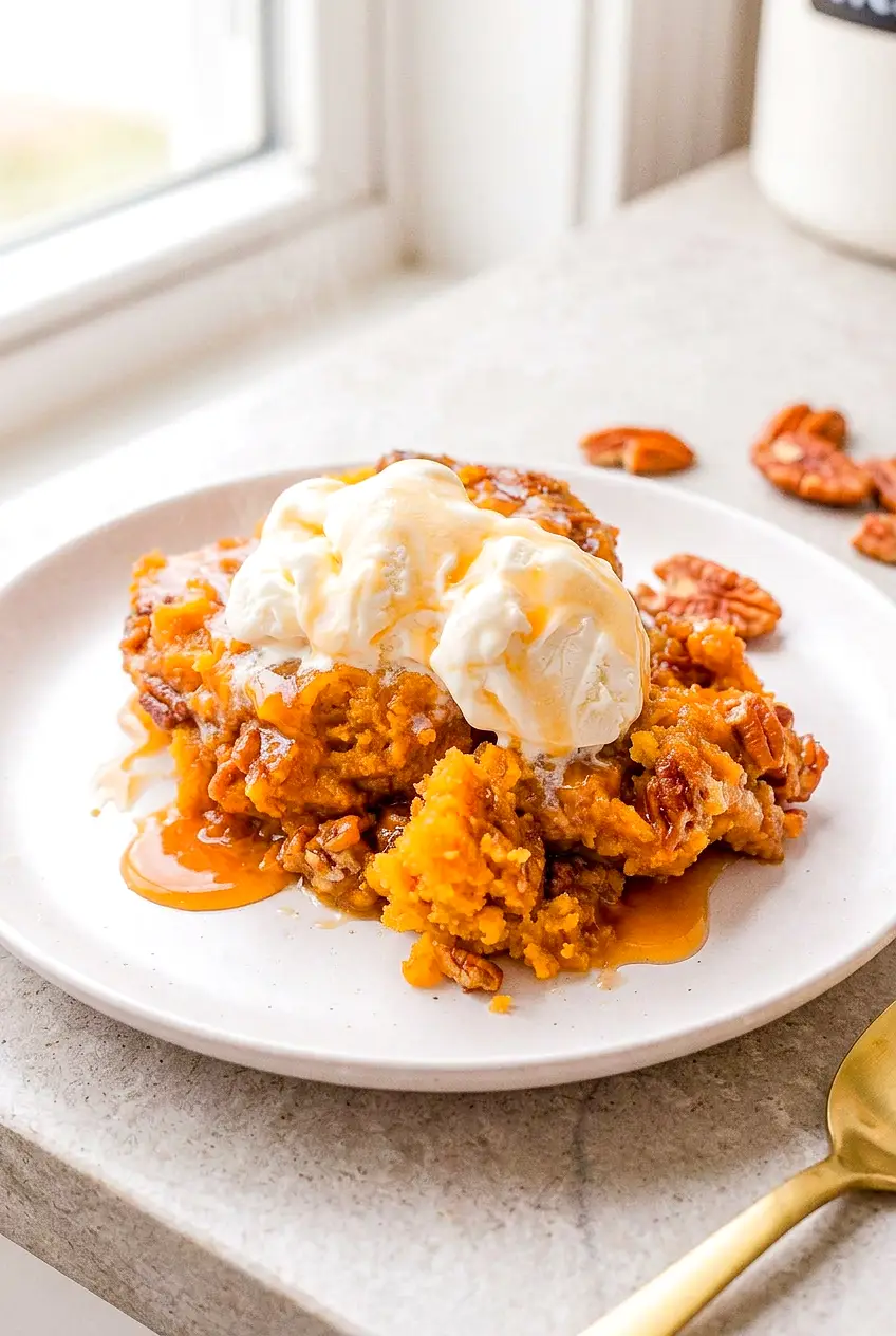 Close view of pumpkin pecan cobbler with melting vanilla ice cream, caramel sauce, and chopped pecans.