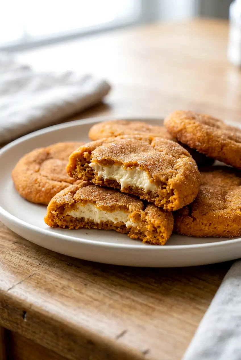 Close-up of a pumpkin cheesecake cookie showing the soft center and spiced crumb