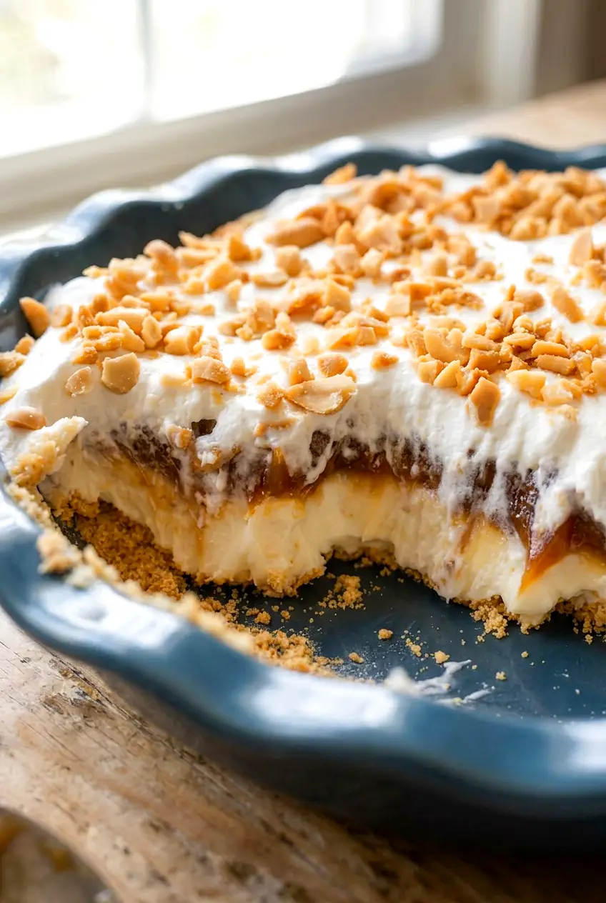 Closer view of caramel apple cheesecake dip showing the creamy layers and peanut topping