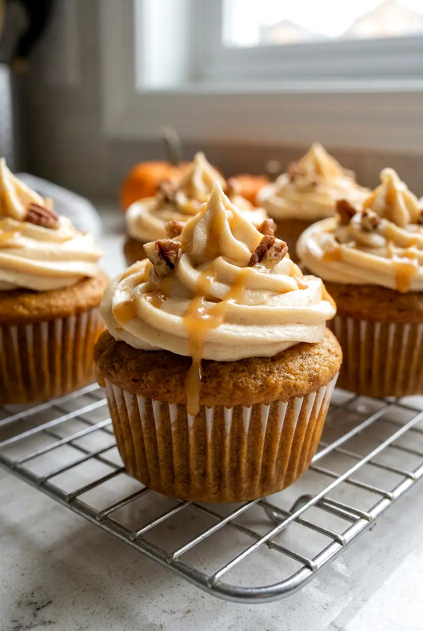 Close-up of pumpkin cupcakes showing caramel cream cheese frosting and pecans