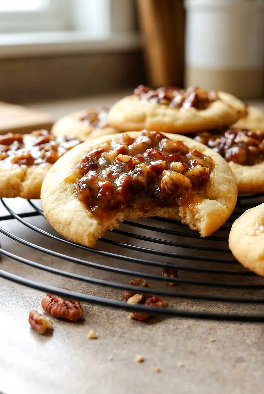 Close-up of pecan pie cookies showing the gooey pecan filling and crisp cookie edges