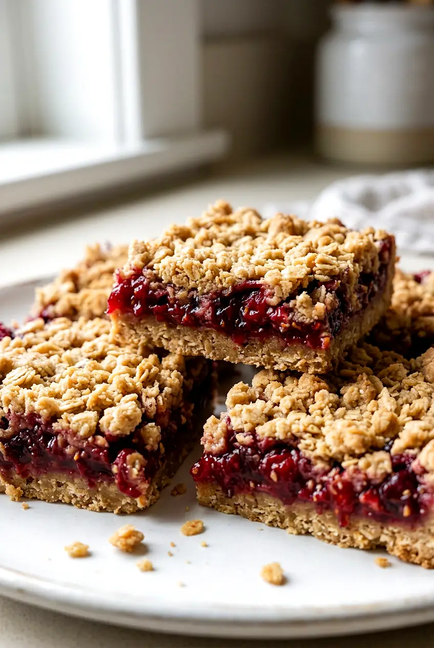 Close view of cranberry crumble bars showing the glossy cranberry-orange filling and oat crust.