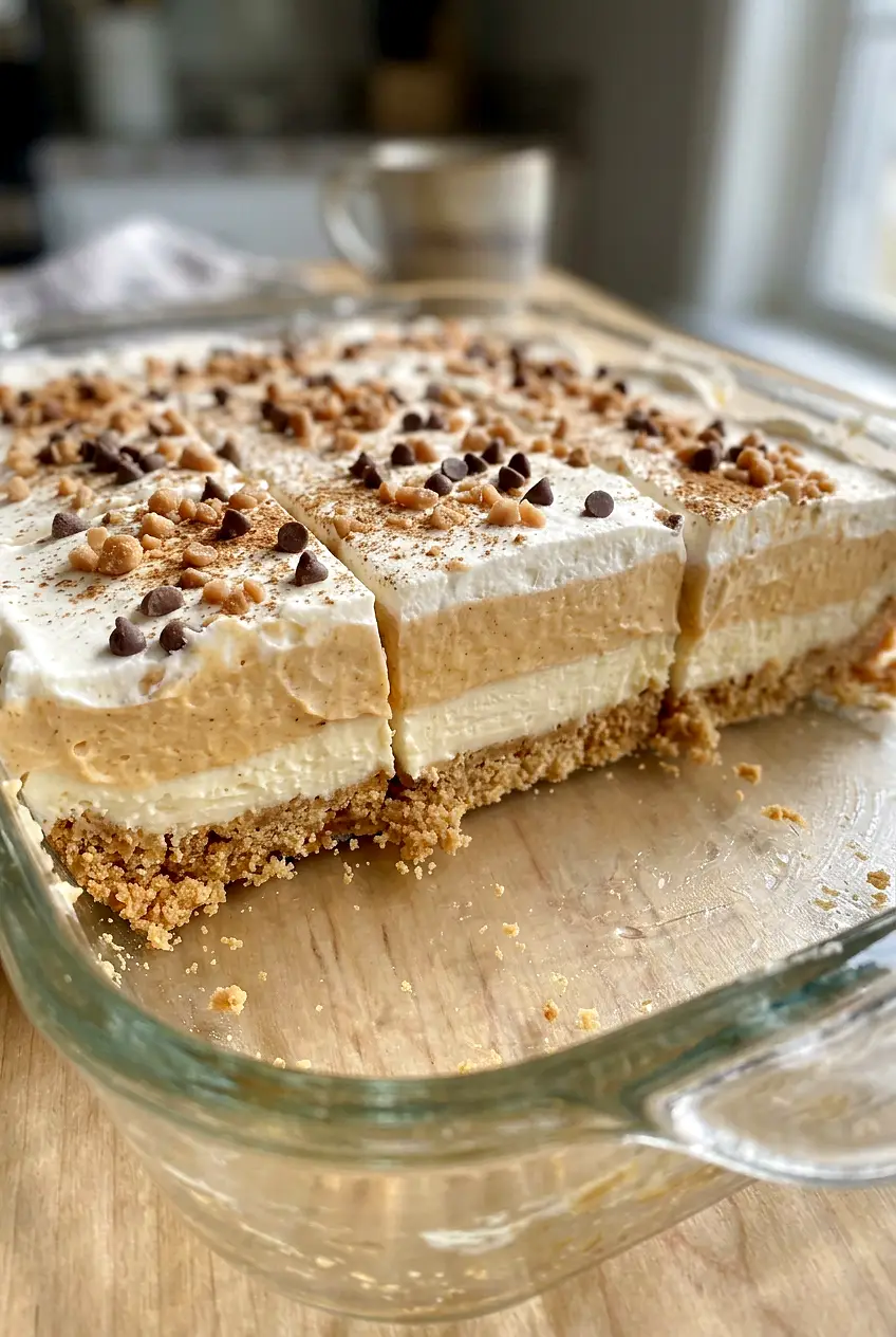 Close view of pumpkin lush showing the creamy pumpkin layer and smooth cream cheese layer in a cut square
