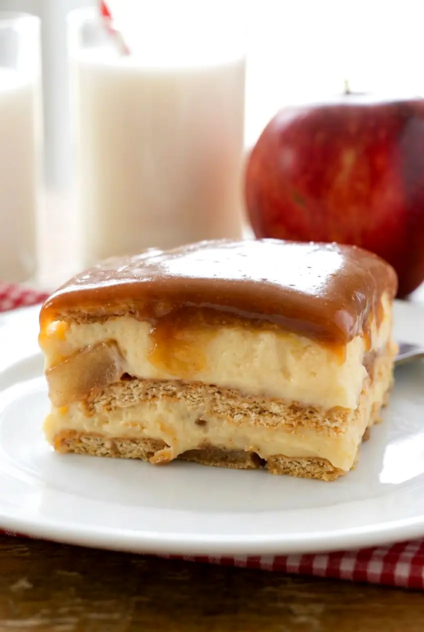 Close-up of no bake caramel apple cake showing creamy layers and soft apple filling