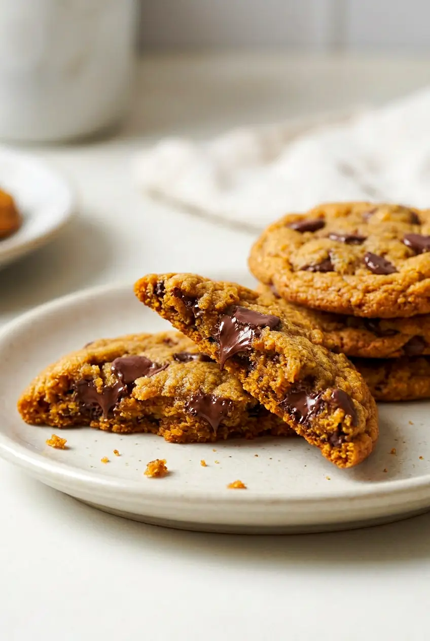 Close-up of a broken pumpkin chocolate chip cookie showing gooey chocolate chips