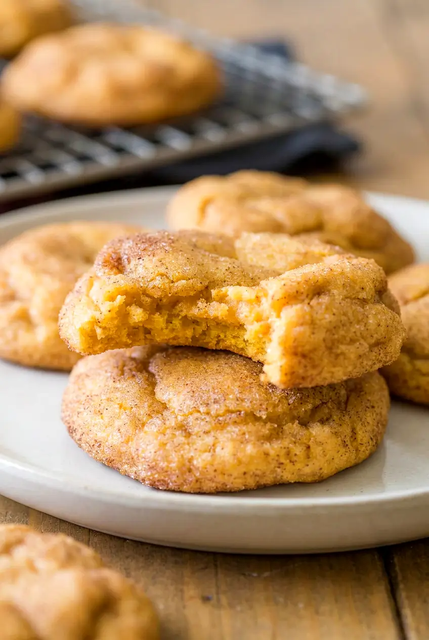 Close-up of pumpkin snickerdoodle cookies showing chewy centers and cinnamon-sugar coating