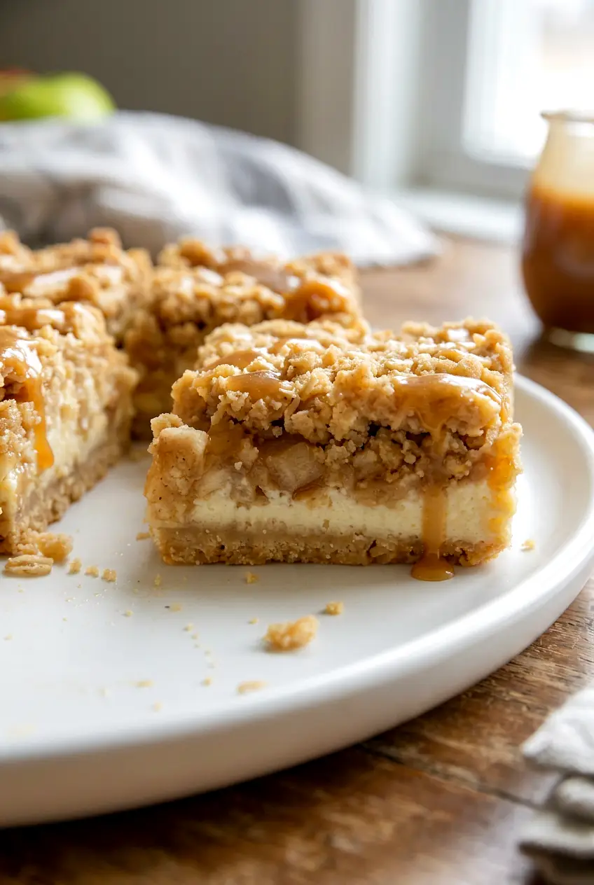 Close-up of caramel apple cheesecake bars showing the cheesecake layer, apples, and oat streusel