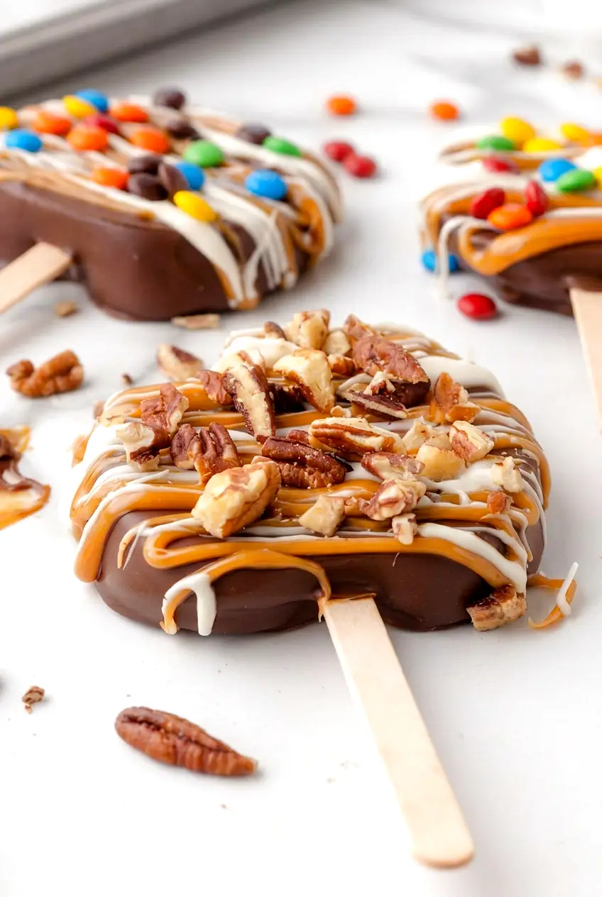 Close view of chocolate covered caramel apple slices with caramel drizzle, candies, and chopped nuts