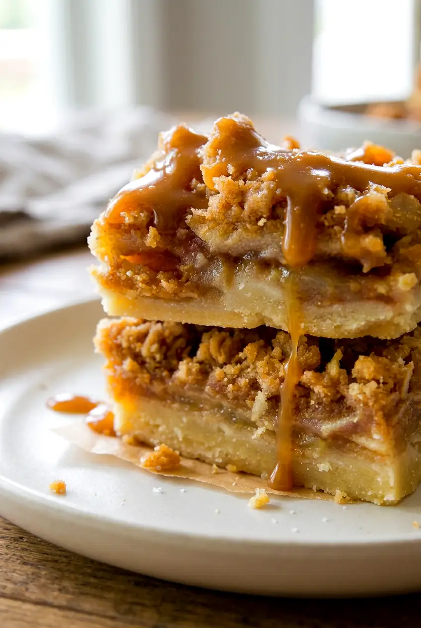 Close-up of apple pie bars showing the spiced apple layer and oat streusel topping
