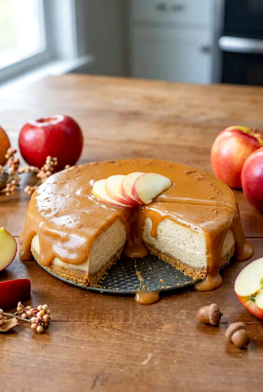 Slice of apple cider cheesecake showing creamy filling and caramel topping