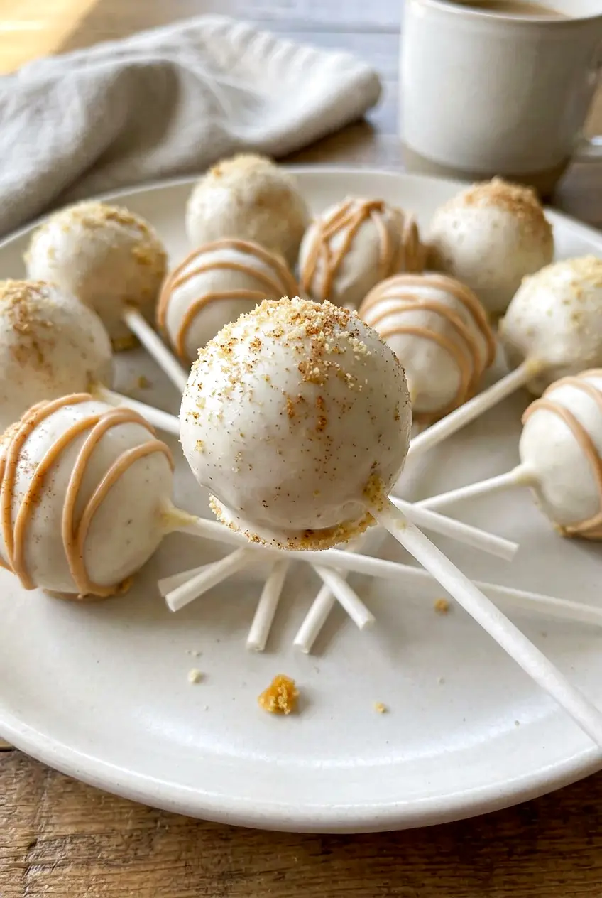 Close-up of pumpkin pie cake pops showing the creamy filling under the white shell
