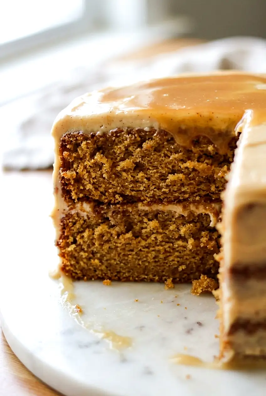 Close-up of bourbon apple cider cake showing the soft crumb and glaze on top