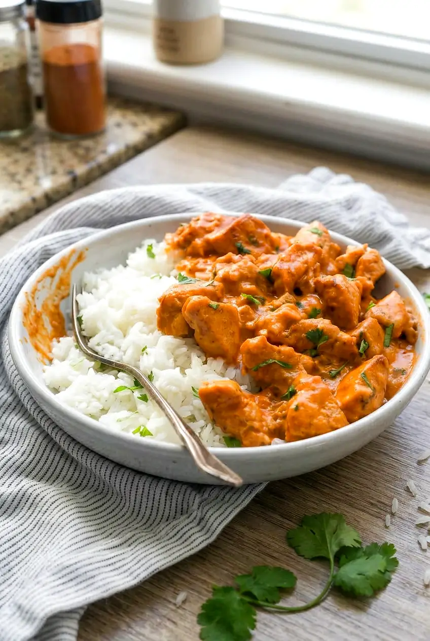Side view of coconut chicken rice bowl with coconut-tomato sauce spooned over rice