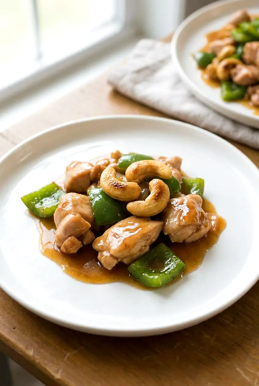 Cashew chicken on a white plate with a closer view of the saucy chicken and crunchy cashews