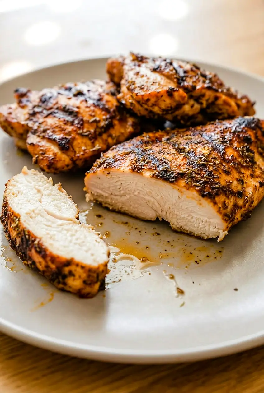 Mexican chicken sliced on a plate, with charred edges and tender interior visible