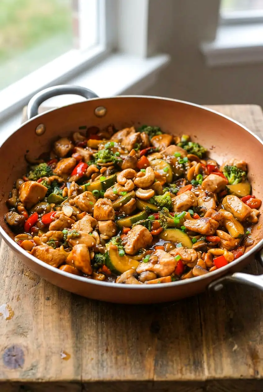 Chicken stir-fry in a skillet with crisp-tender vegetables and browned chicken pieces