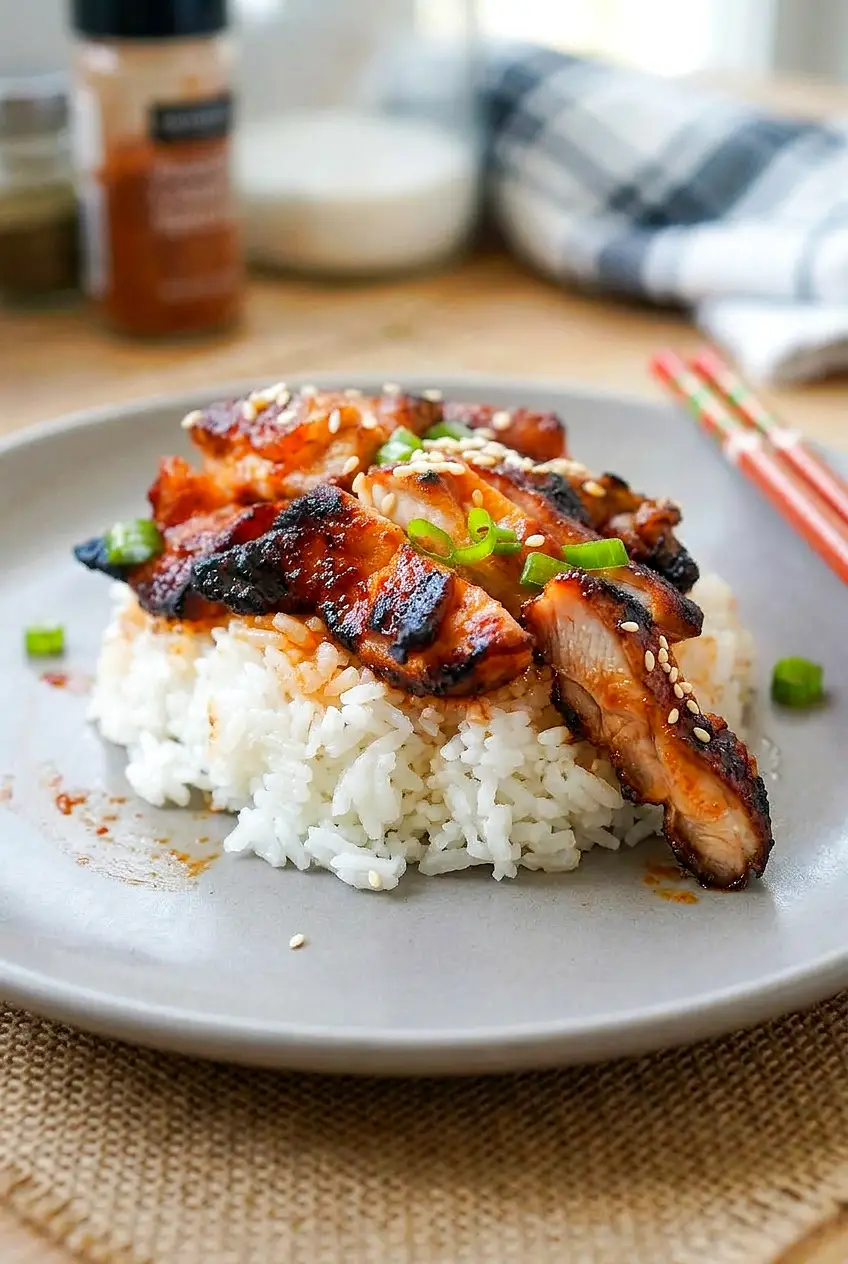 Spicy Korean chicken served on a plate with rice, showing juicy pieces and sesame topping
