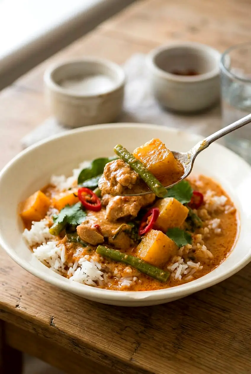 Thai red curry chicken served over rice, with a spoonful showing the saucy chicken and vegetables