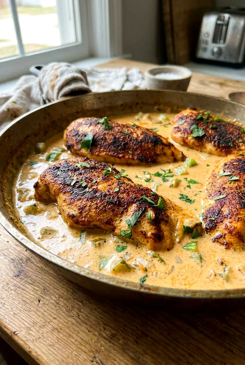 Creamy Cajun chicken from a side angle with the sauce coating the chicken and vegetables in the same skillet