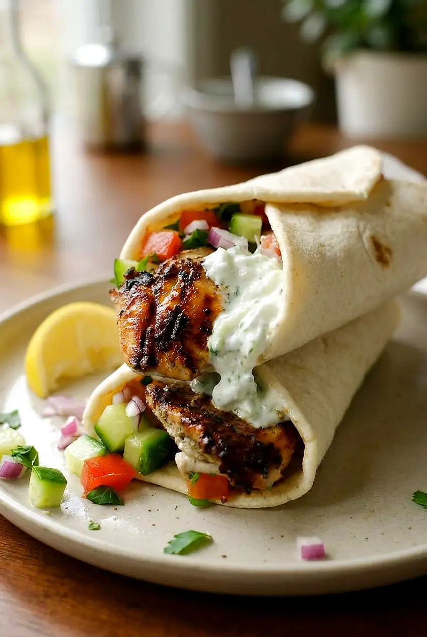 Side view of a Greek chicken gyros wrap with juicy chicken, salad, and sauce inside