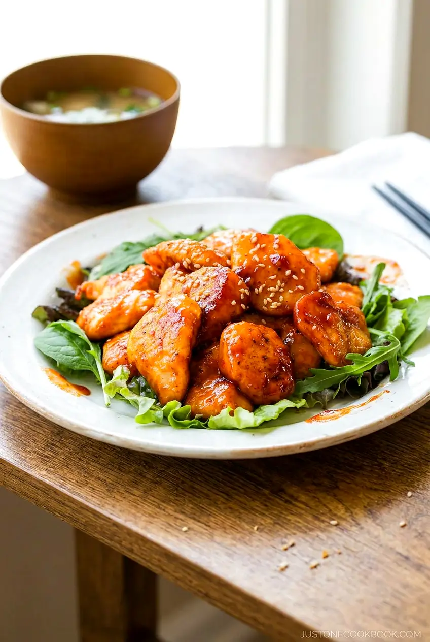 Side view of honey gochujang chicken on a white plate with sesame seeds and salad leaves