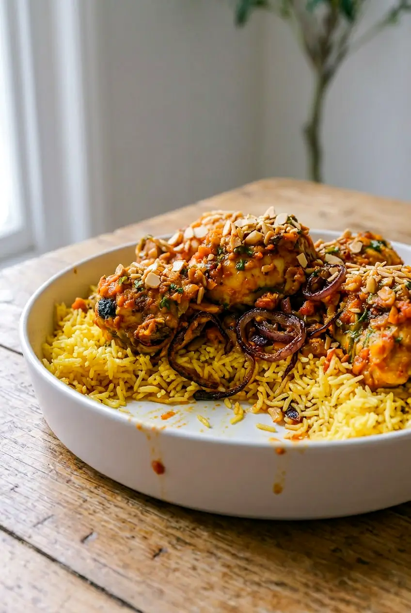 A bowl of Moroccan harissa chicken and saffron rice shown at a side angle with caramelized onions