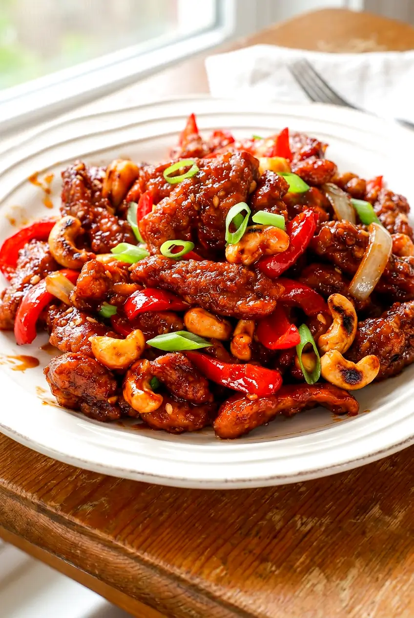 Side view of Spicy Dragon Chicken with crisp chicken pieces, tender peppers, and toasted cashews in glossy sauce