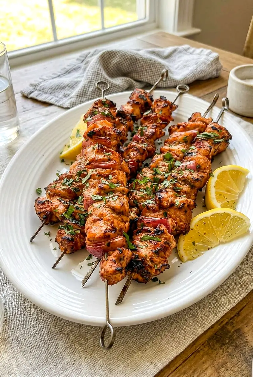 Side view of Turkish yogurt chicken kabobs on a white platter with sliced lemons beside them