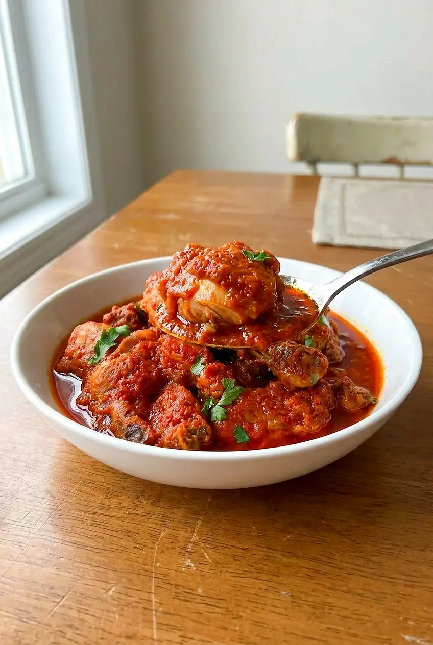Side view of Nigerian chicken stew with the sauce clinging to the chicken in a simple bowl