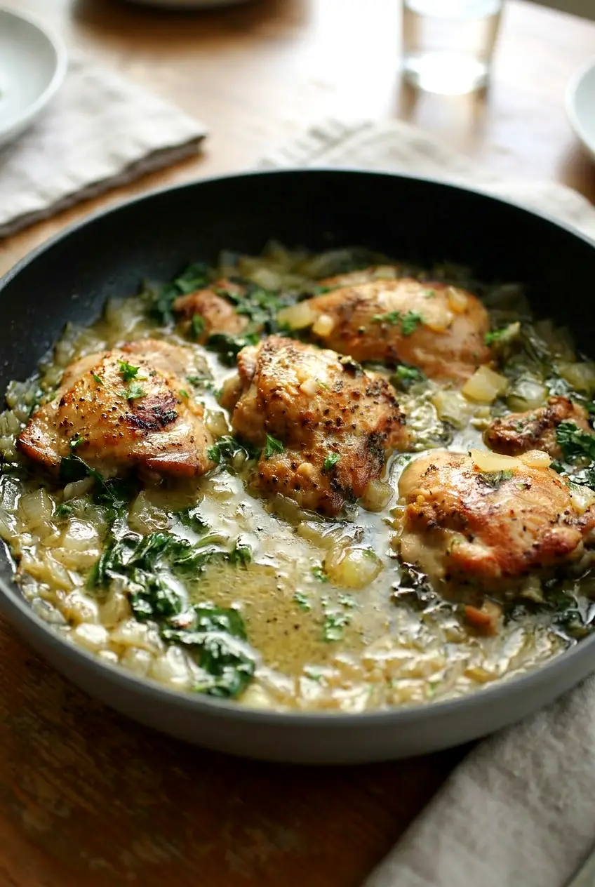 Side view of garlic lemon chicken thighs spooned with light broth sauce and spinach