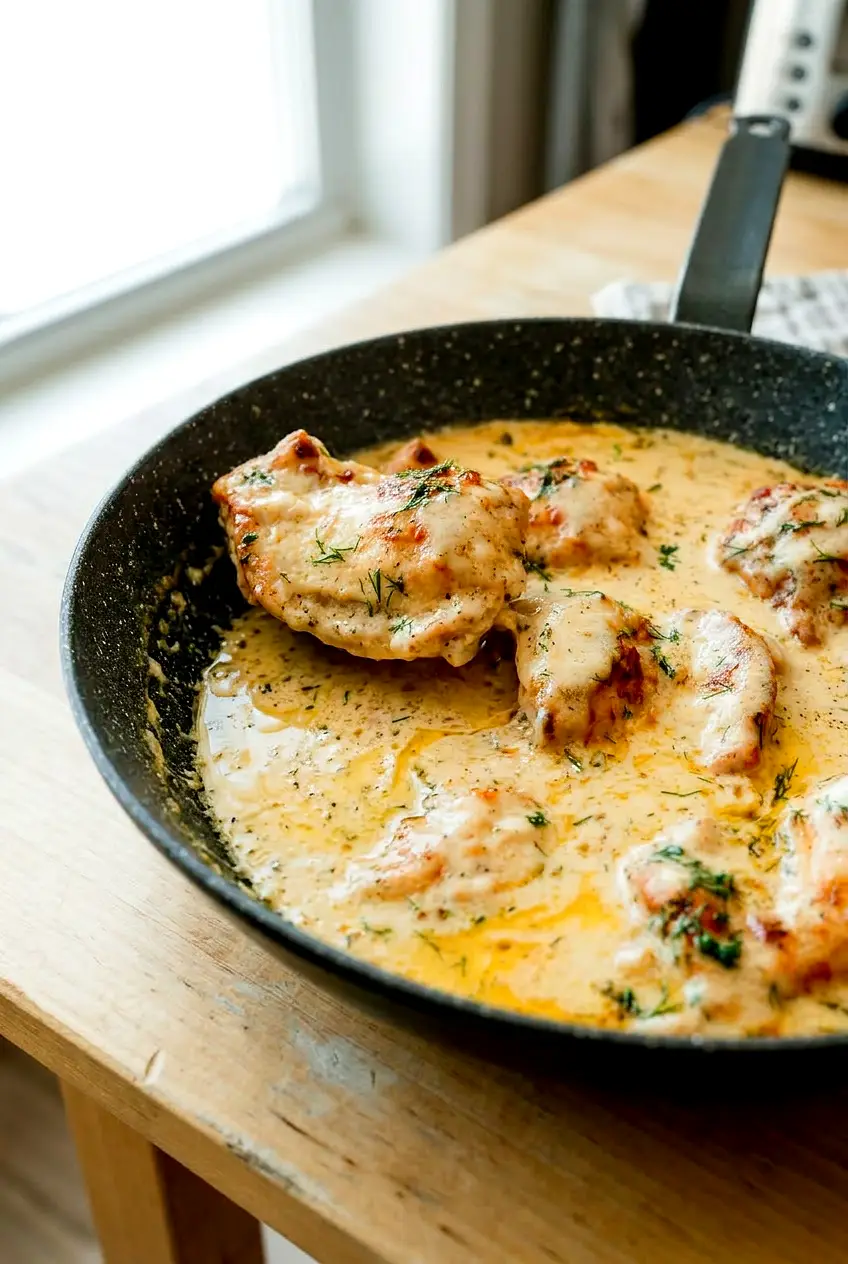 Side view of creamy chicken thighs with sauce spooned over the top and chopped dill