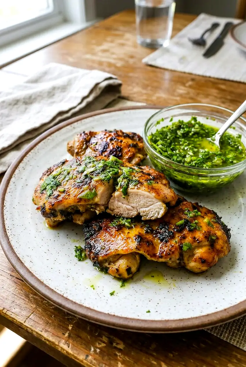 Sliced chimichurri chicken thighs with a spoonful of chimichurri beside the plate