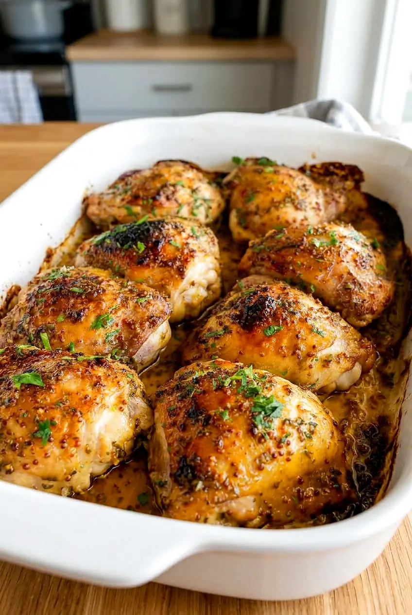 Side-angle view of honey mustard chicken thighs with pan sauce pooling around the pieces