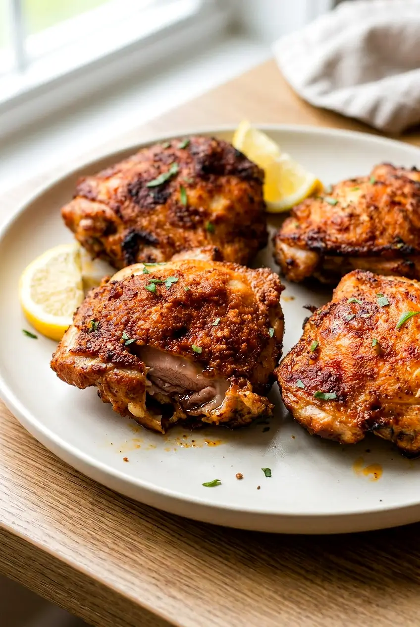 Crispy chicken thigh with lemon wedge beside it on a casual dinner plate