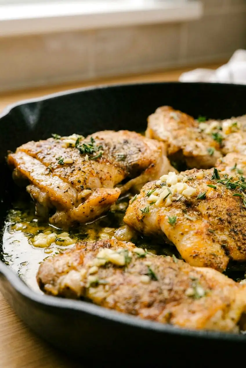 Side view of garlic butter chicken thighs in pan sauce, garnished with thyme.