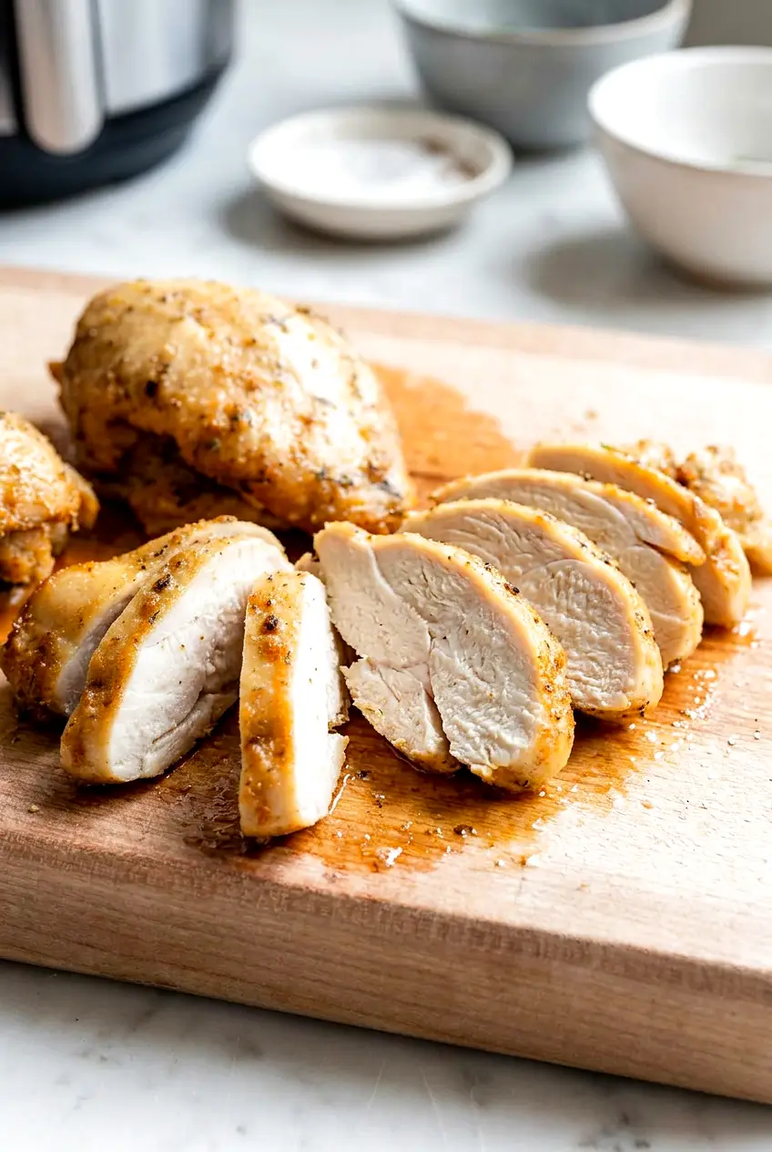 Baked boneless skinless chicken thigh slices spread on a cutting board with browned edges