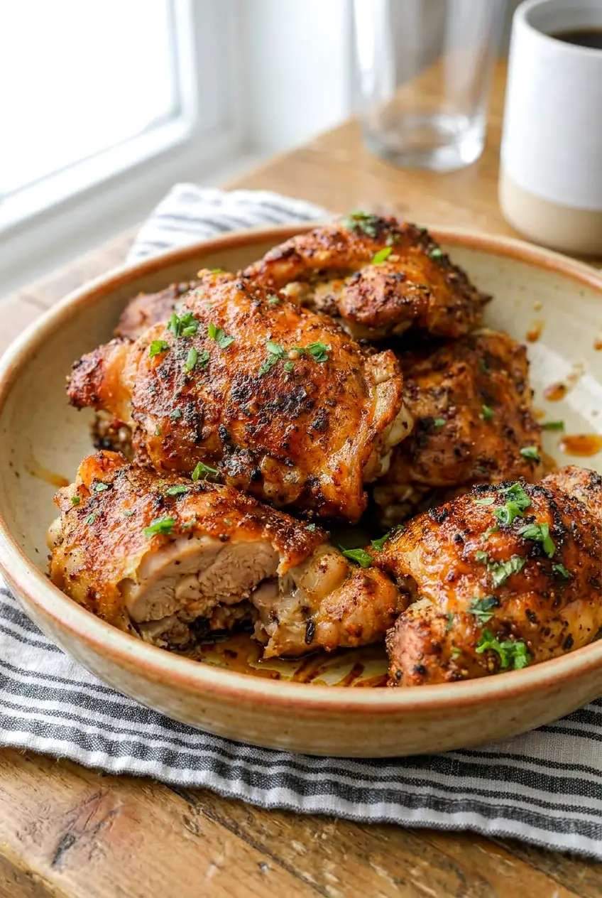 Side view of baked chicken thighs on a plate with browned skin and moist texture.
