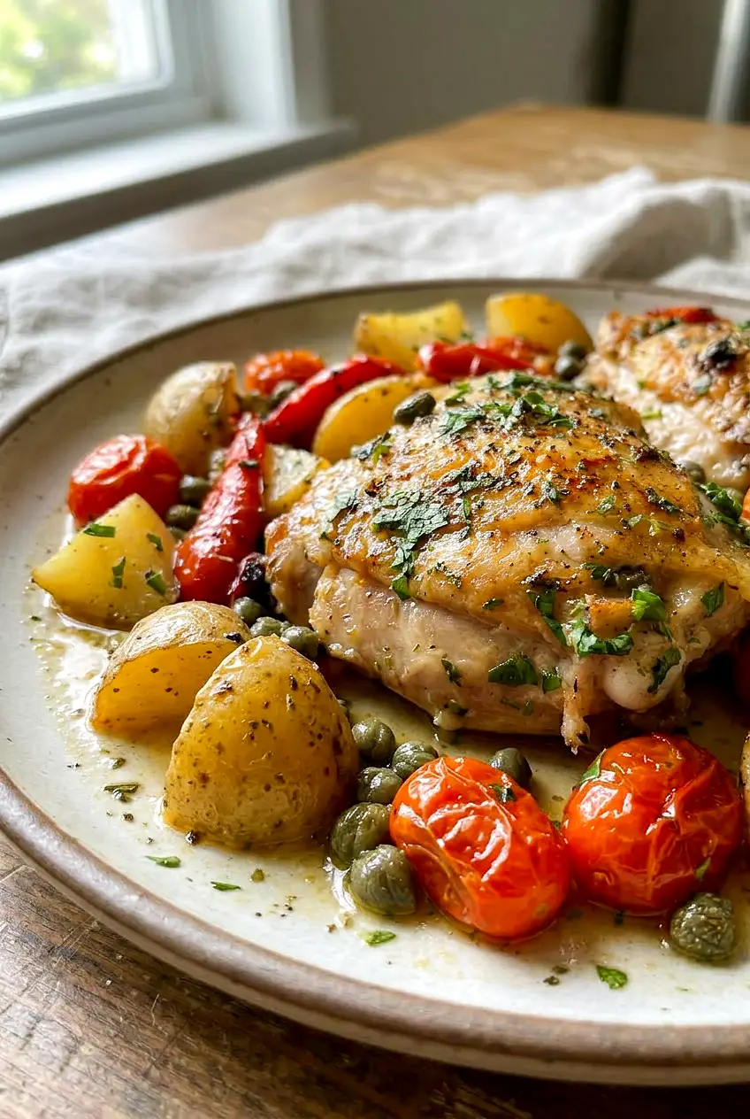 Side angle of Mediterranean chicken thighs with potatoes, red peppers, and glossy pan juices