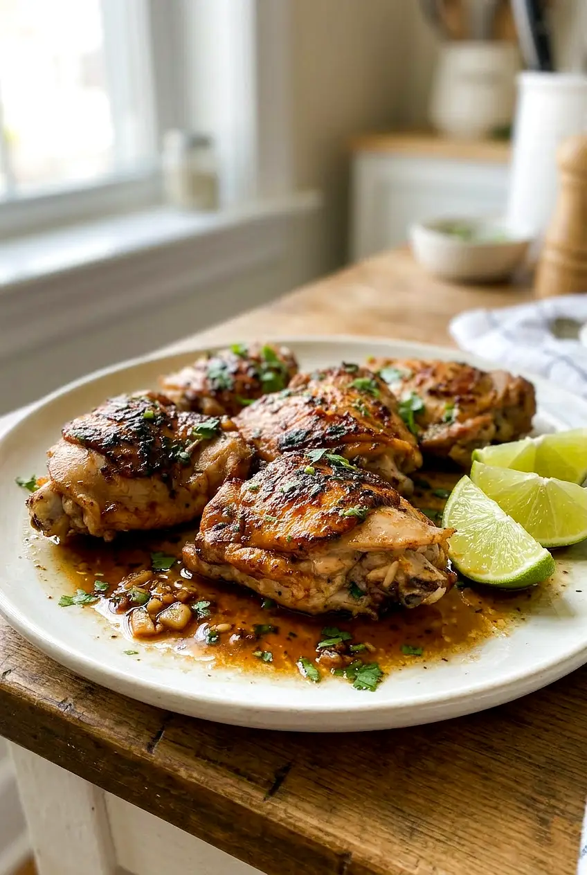Cilantro lime chicken thighs with pan drippings, viewed from the side with fresh cilantro on top