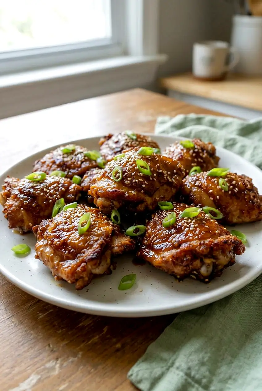 Side view of sauced Korean chicken thighs with sesame seeds and green onions on a simple plate